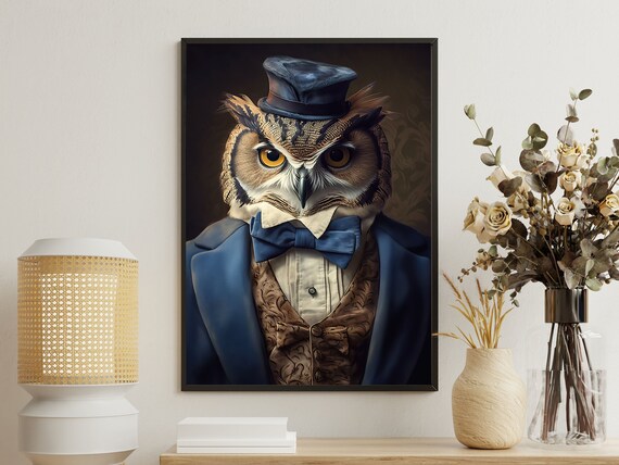 Renaissance Gentleman Owl Top Hat Tuxedo Bow Tie Vintage Portrait Print
