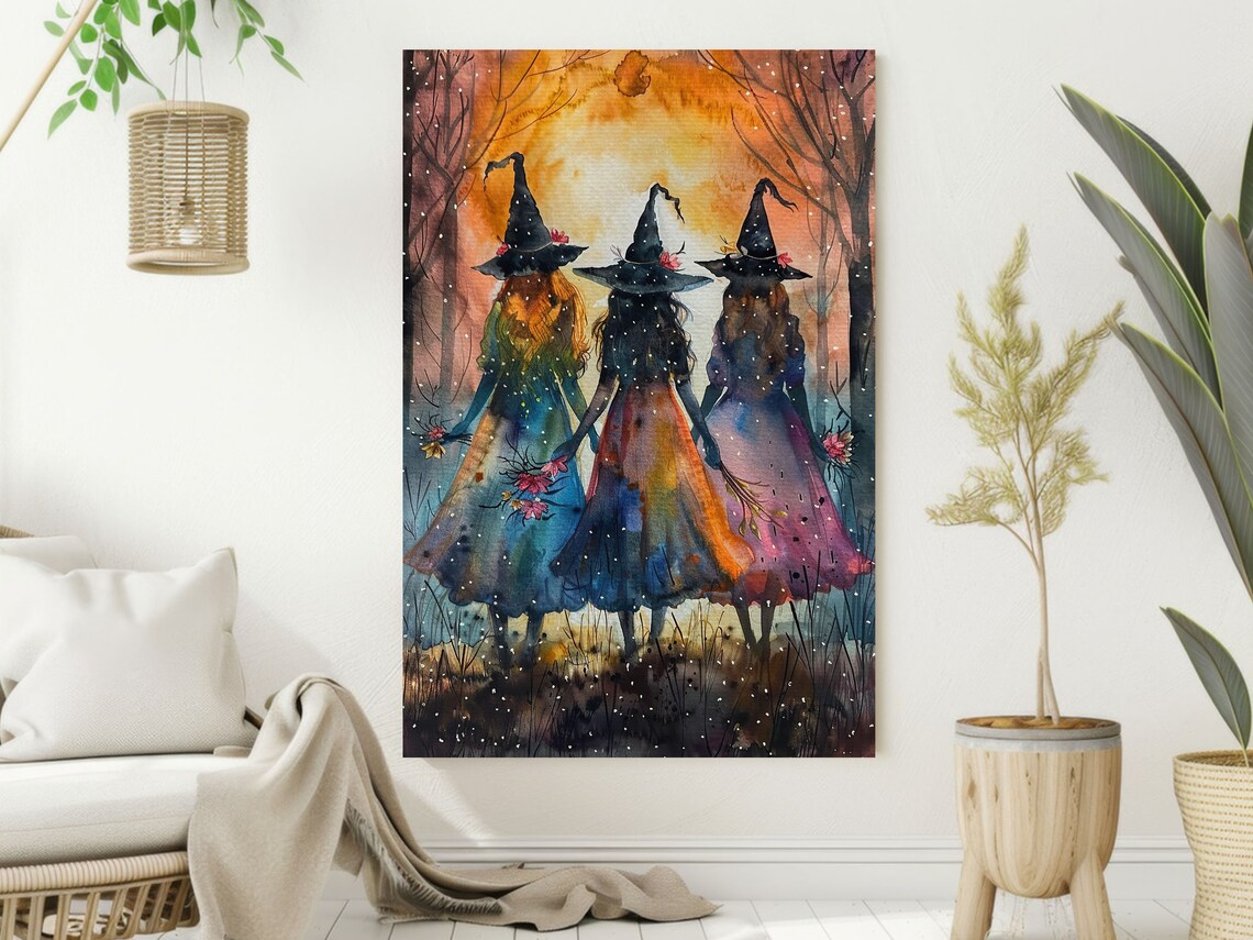 Three Young Witches Walking Into Sunset Colorful Watercolor Poster - Image 2