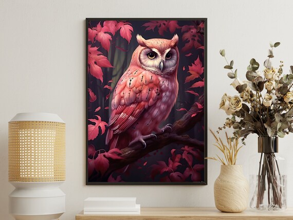 Magic Pink Owl Painting Enchanted Owl Art Print Owl Print Bird Art Print Floral Animal Poster Print Wild Animal Art Print