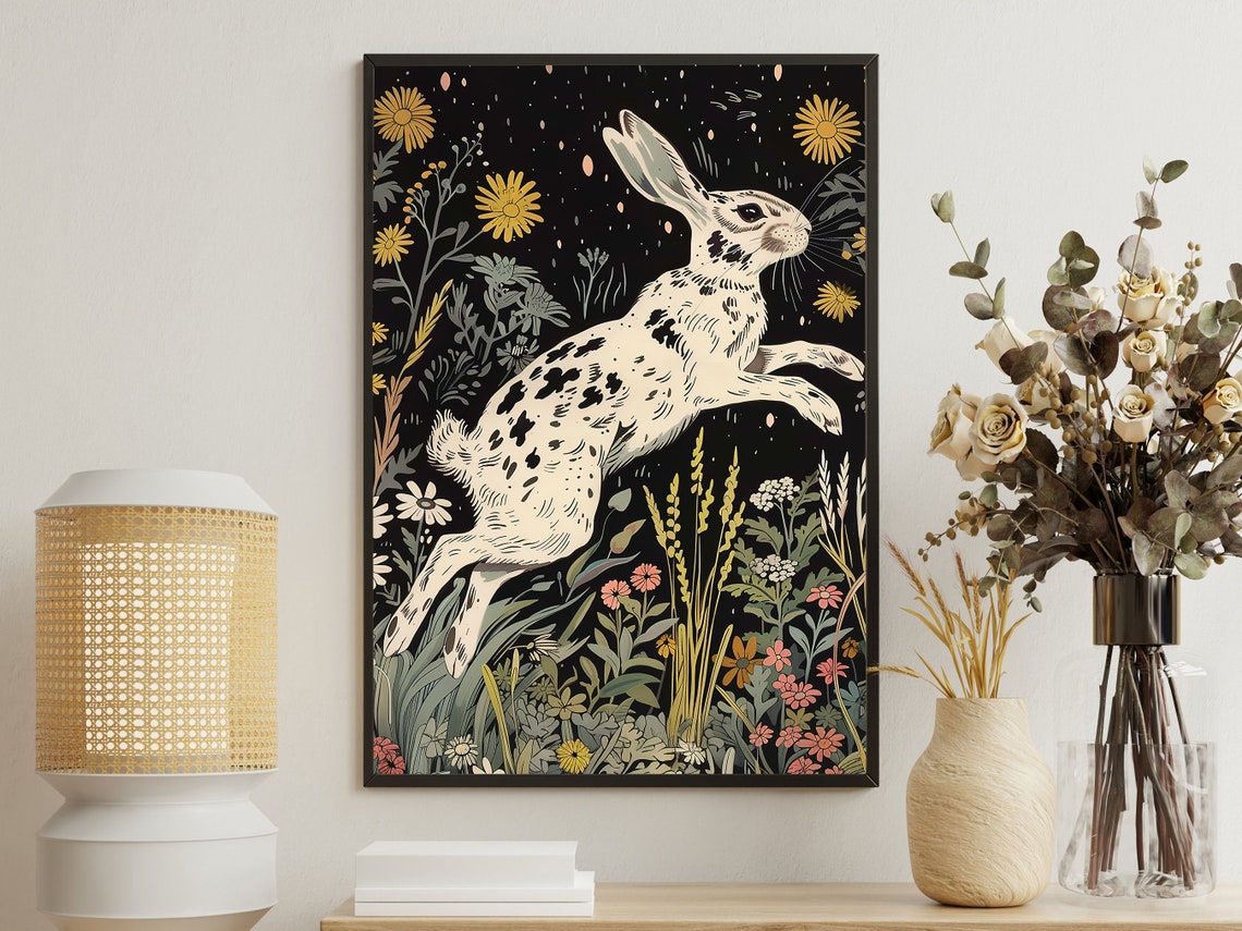 Leaping White Rabbit Night Garden Wildflower Cottage Art Poster