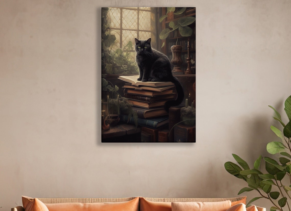 Cozy Black Cat Sitting On Old Books By A Library Window Poster - Image 2