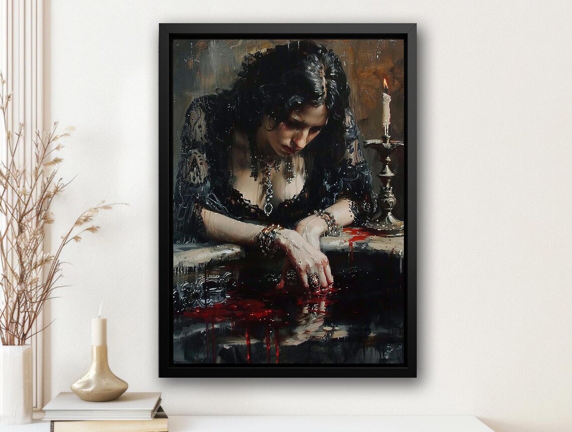 Dark Gothic Woman with Candles Blood Red Oil Painting Halloween Poster