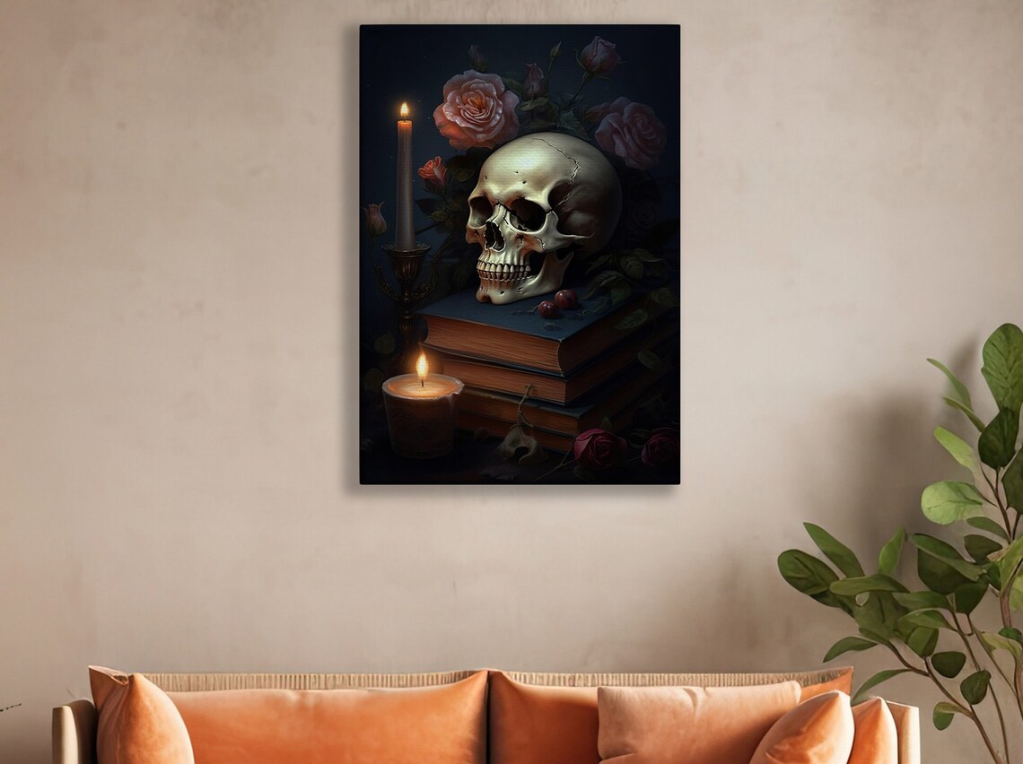 Gothic Skull On Stacked Books With Roses And Candle Dark Academia Poster - Image 2