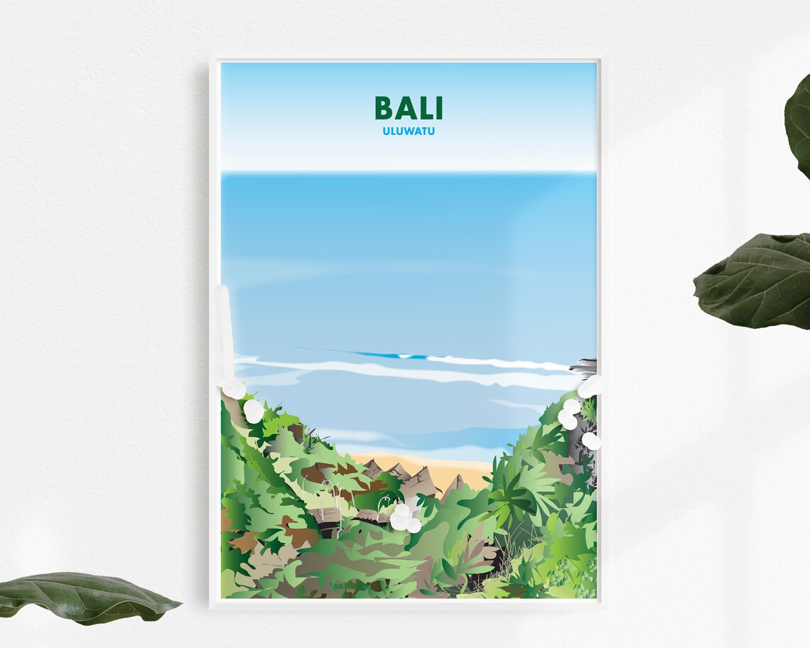 Bali Indonesia Uluwatu Cliff Ocean Minimalist Green Travel Poster