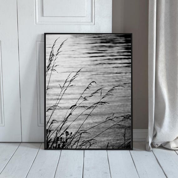 Black And White Grass Silhouette Print With Lake Reflections Calm Minimalist Nature Wall Art