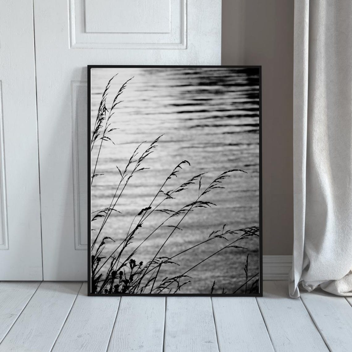 Black and White Grass Silhouette Lake Reflection Photo Poster