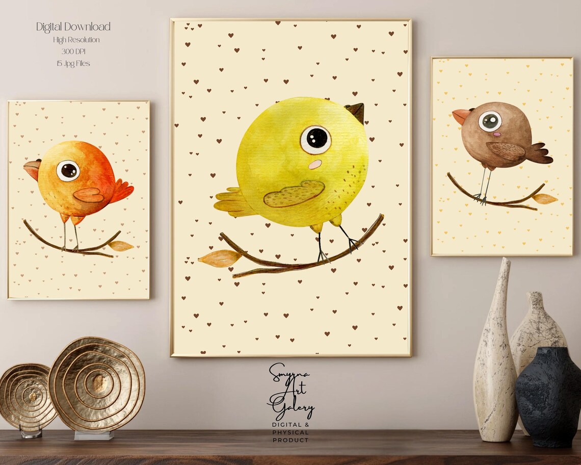 Cute Watercolor Birds Nursery Poster Set Of Three Happy Kids Decor