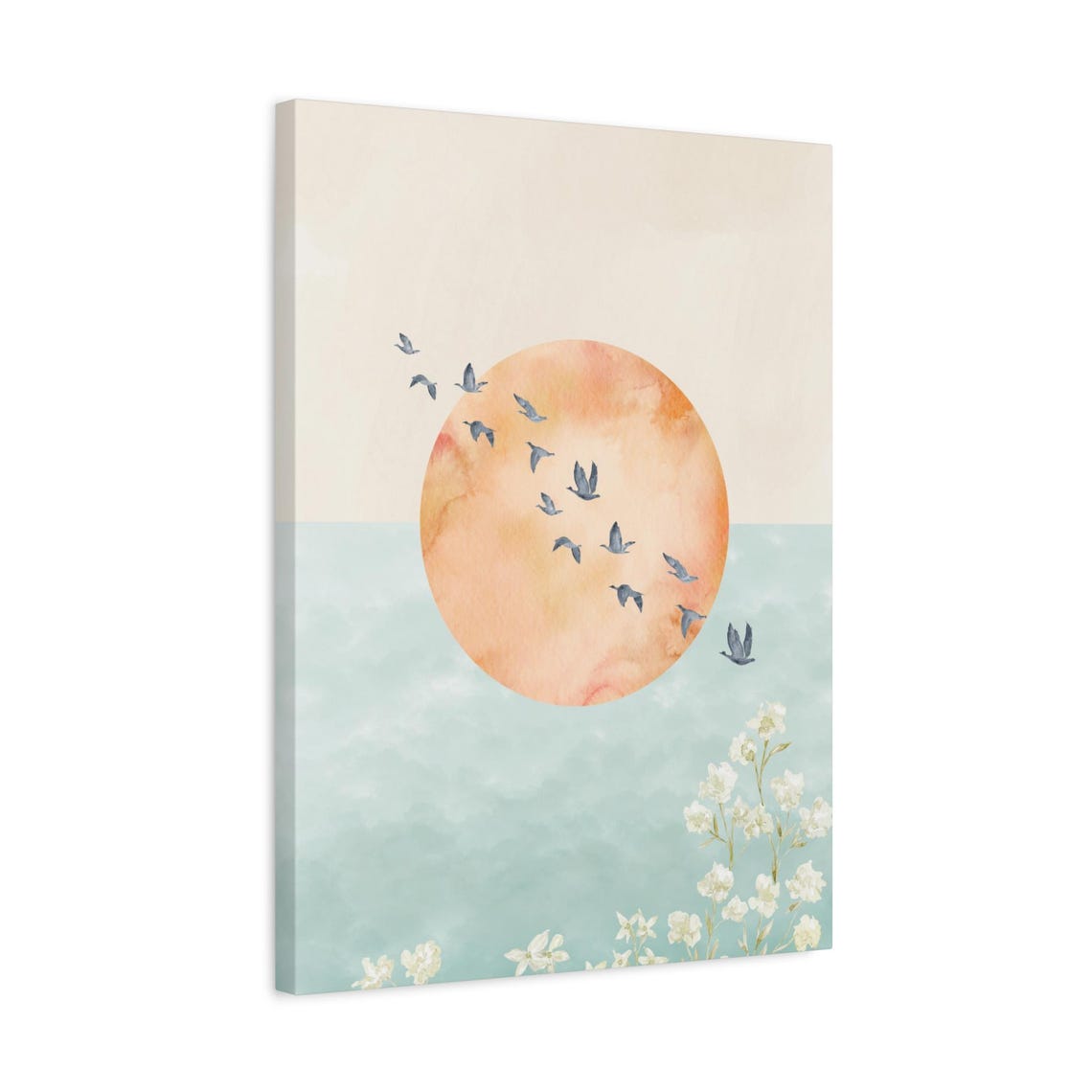 Watercolor Birds In Flight Pastel Sunset Sun Disc Floral Art Poster