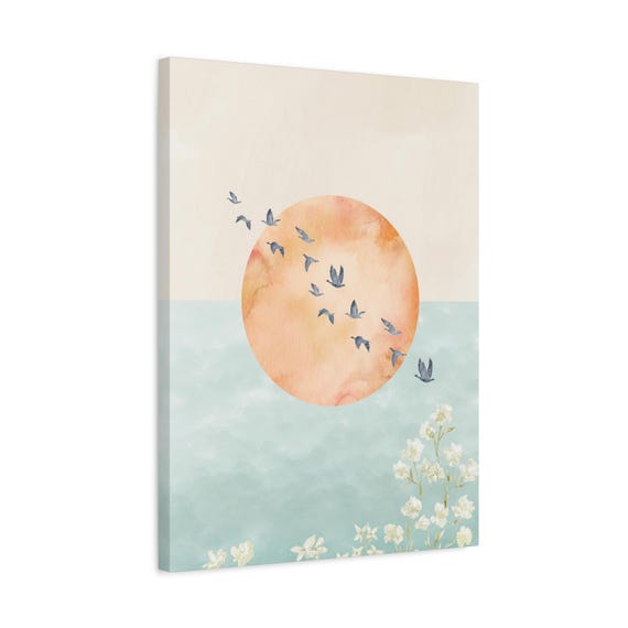 Watercolor Birds In Flight Wall Art Print Pastel Sunset Sun Disc Blossoms Poster Serene Minimal Illustration For Modern Dcor