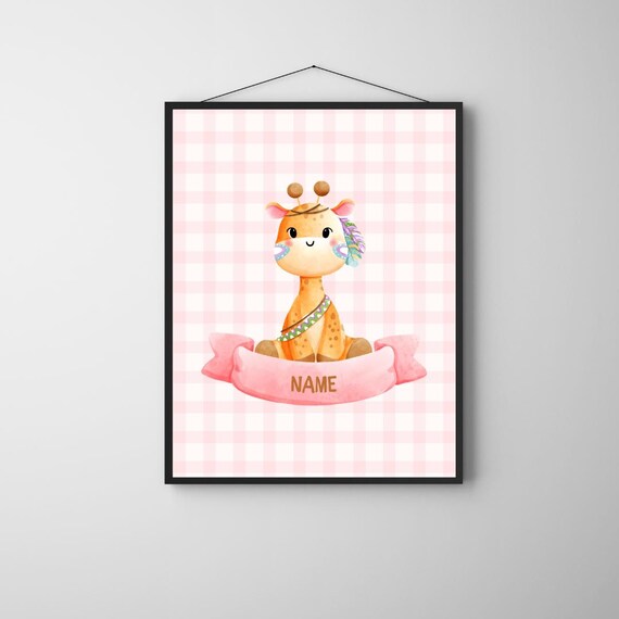 Personalized Giraffe Girl Nursery Poster Pink Boho Style Custom Name Art