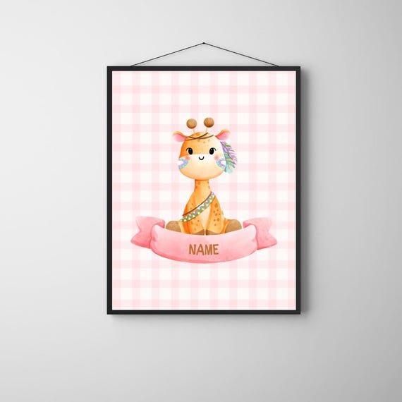 Personalized Giraffe Nursery Wall Art Custom Name Baby Girl Boho Animal Poster For Kids Room Pink Gift