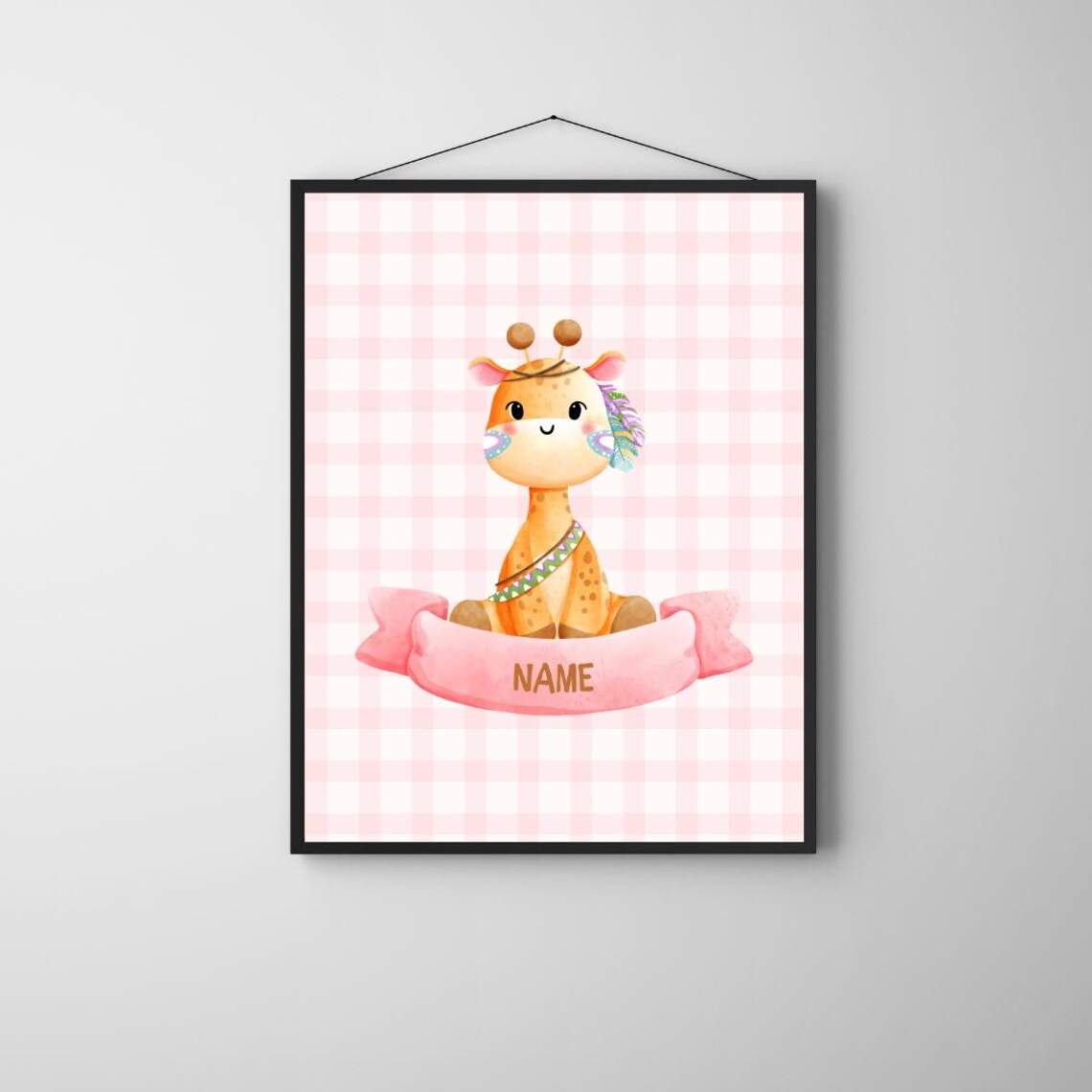Personalized Giraffe Girl Nursery Poster Pink Boho Style Custom Name Art