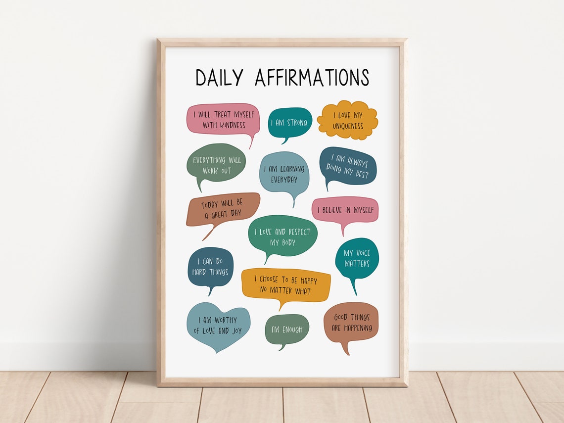 Daily Affirmations Poster Colorful Speech Bubbles Kids Therapy Decor