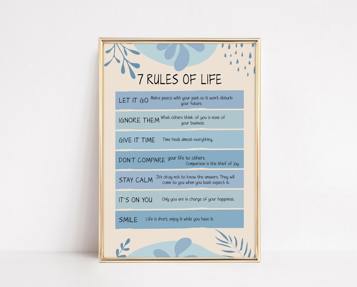 7 Rules of Life Poster Blue Botanical Motivational Quote Wall Decor