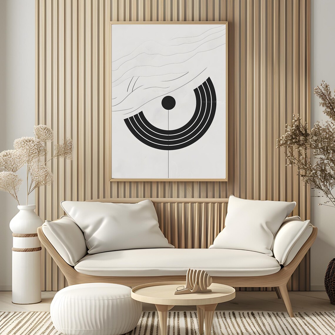 Minimalist Black White Arch Sunburst Fine Wave Line Art Poster - Image 4