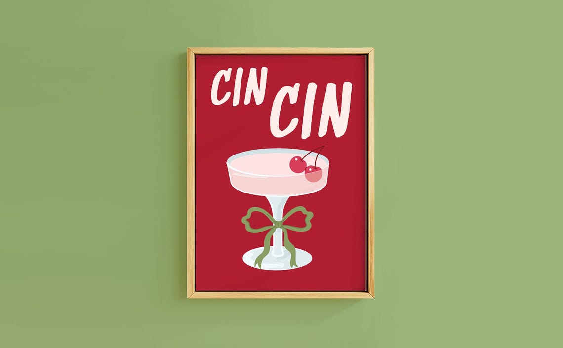 Cheeky Cin Cin Cocktail Coupe Cherries Red Christmas Bar Poster