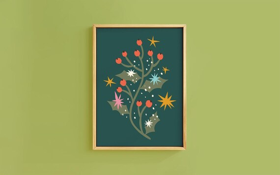 Holly Berry Sprig Dark Green Starry Christmas Botanical Poster