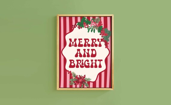 Cheerful Merry And Bright Red Lettering Holly Poinsettia Stripe Poster