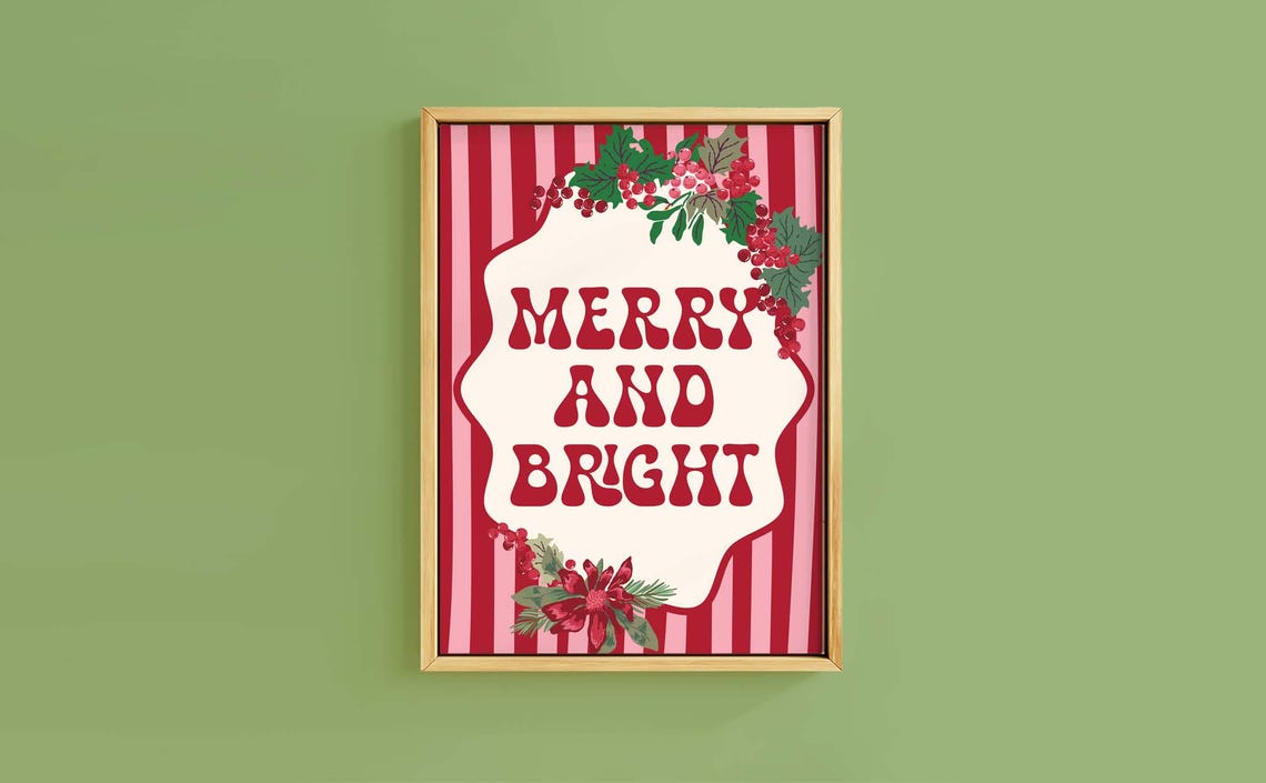 Cheerful Merry And Bright Red Lettering Holly Poinsettia Stripe Poster
