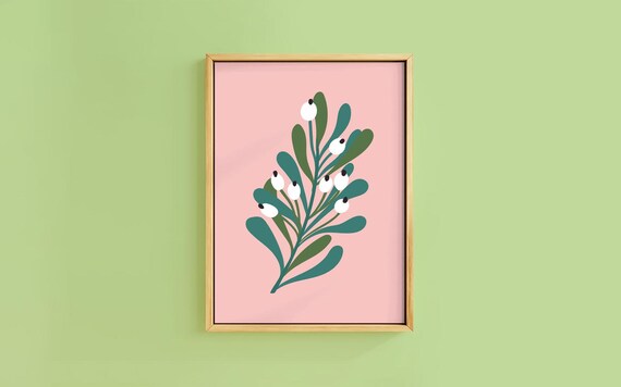 Delicate Mistletoe Sprig White Berries Blush Pink Botanical Poster