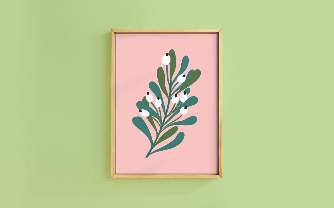 Delicate Mistletoe Sprig White Berries Blush Pink Botanical Poster