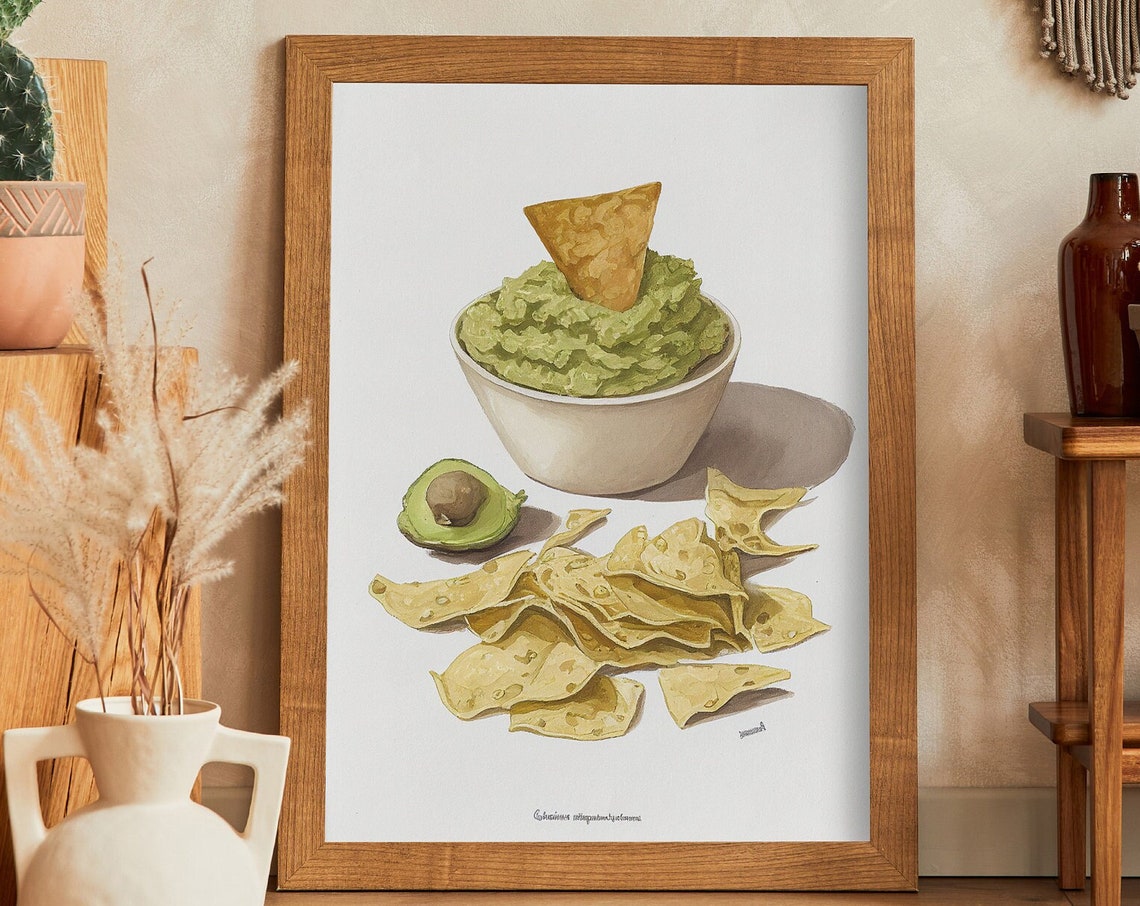 Chips And Guacamole Watercolor Bowl Still Life Kitchen Food Art Poster