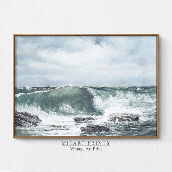 Vintage Ocean Seascape Painting, Coastal Wall Art Print