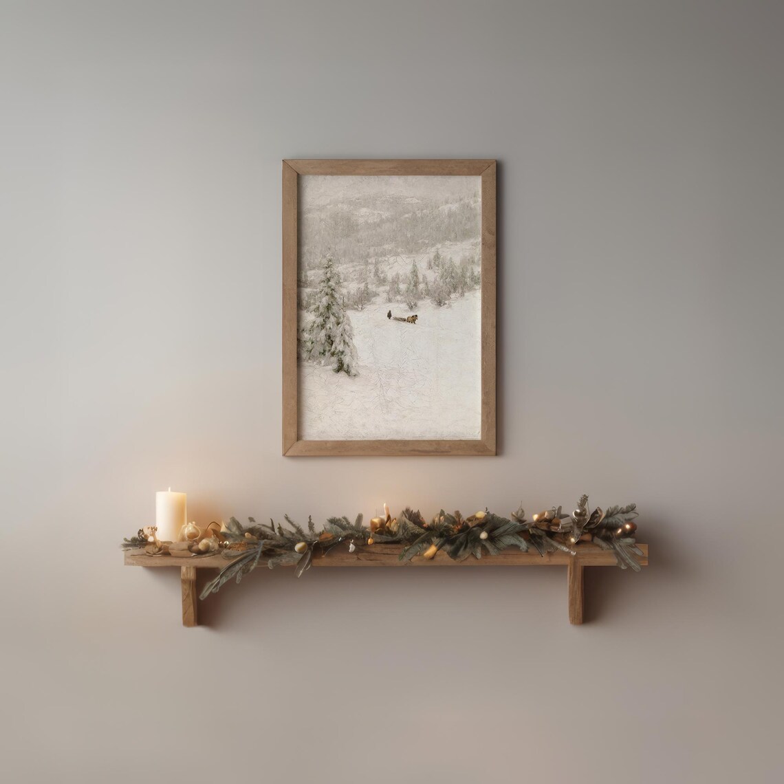 Vintage Neutral Winter Landscape Snowy Hillside Horse Drawn Sled Poster - Image 2