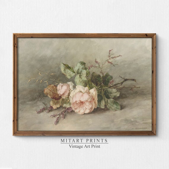 Vintage Roses Neutral Botanical Oil Painting Print