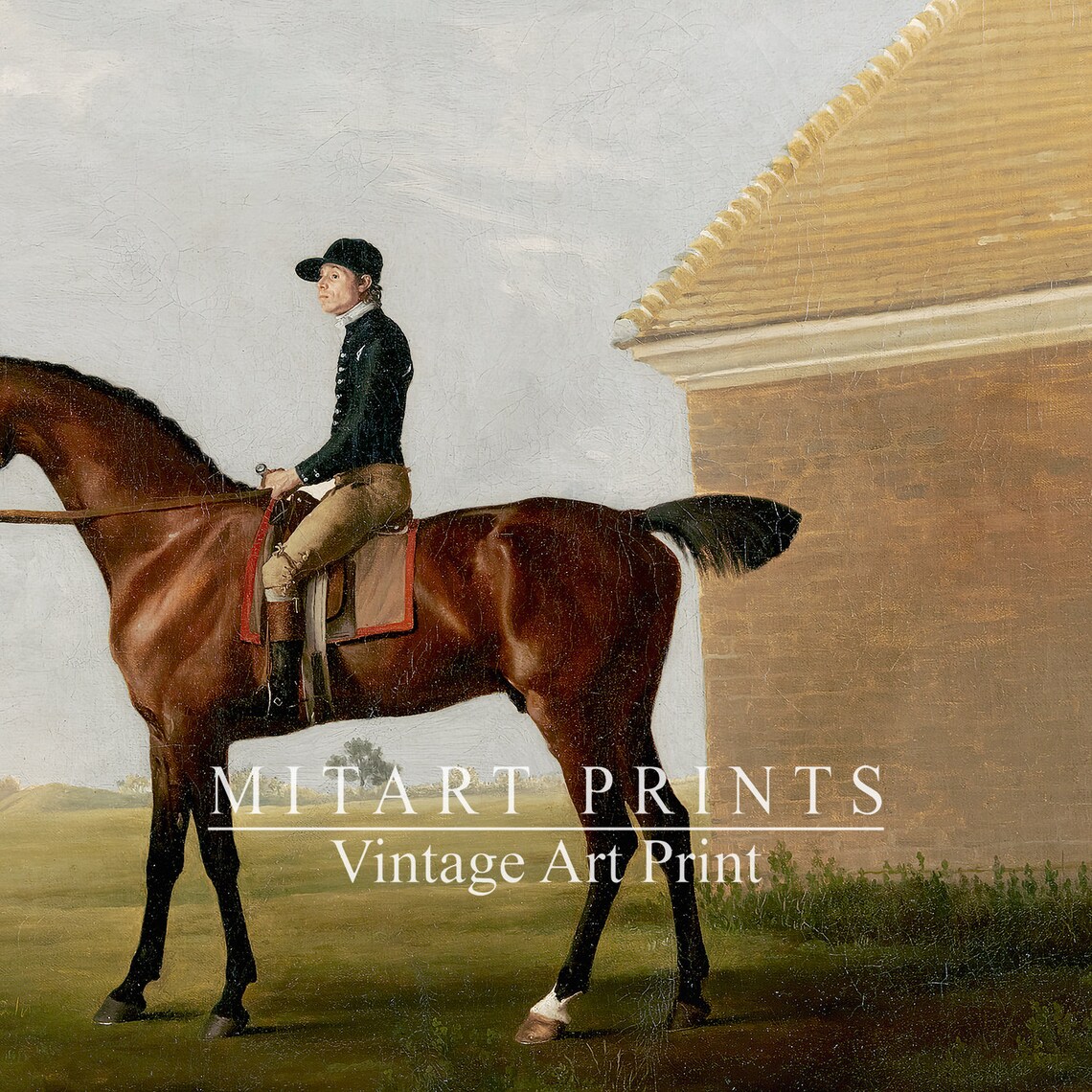Vintage Equestrian Painting Jockey on Bay Horse by Stable Poster - Image 4