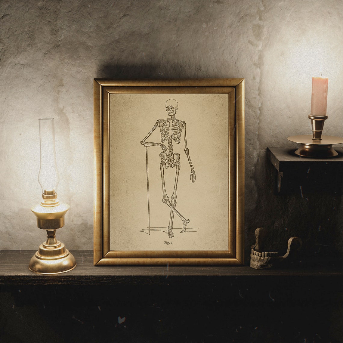 Vintage Anatomical Skeleton with Cane Walking Fig. 1 Engraving Poster - Image 2