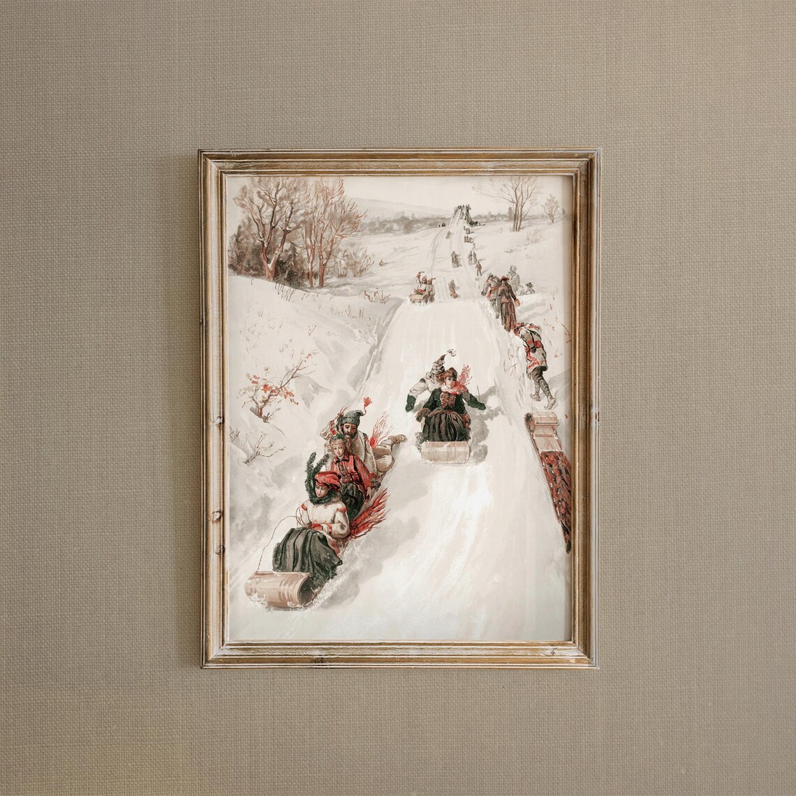 Vintage Sledding Scene Children Racing Down a Snowy Hill Art Print - Image 3