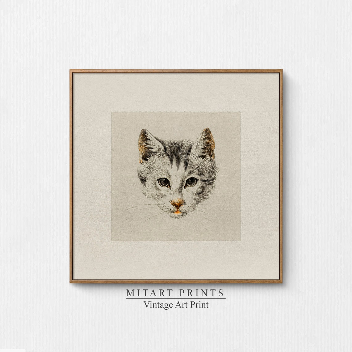 Vintage Tabby Kitten Face Drawing Minimalist Cat Head Art Poster