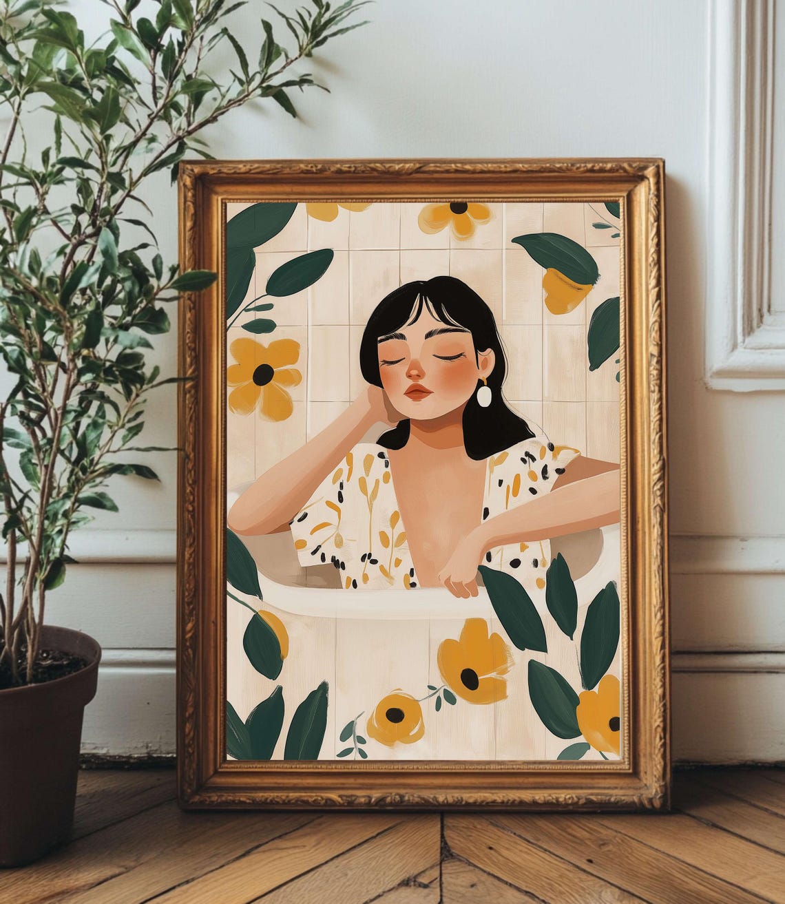 Boho Woman Relaxing In Bath With Yellow Floral Illustration Poster
