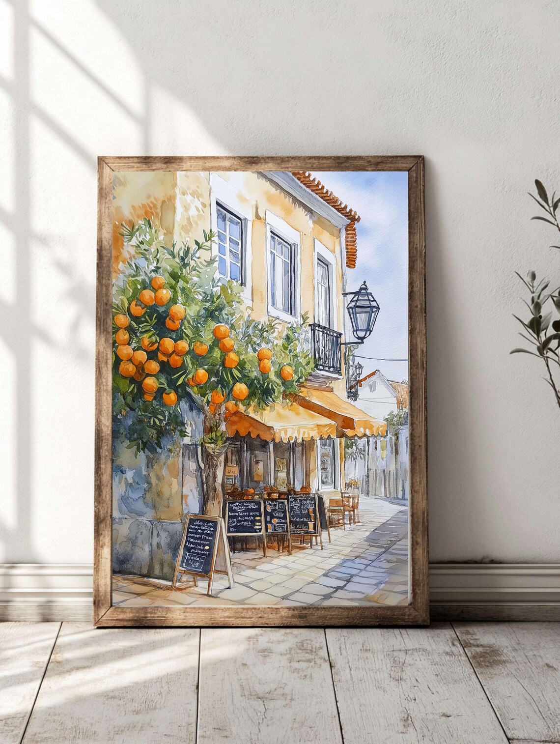 Lisbon Portugal Street Cafe Orange Tree Charming Watercolor Poster
