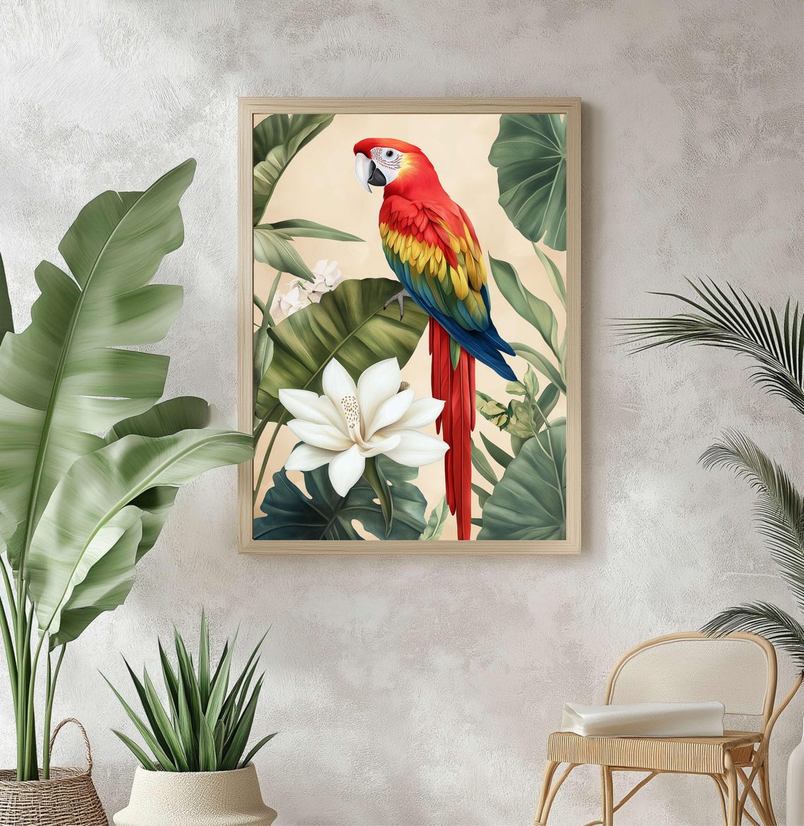 Scarlet Macaw Parrot White Lotus Tropical Botanical Exotic Wall Art
