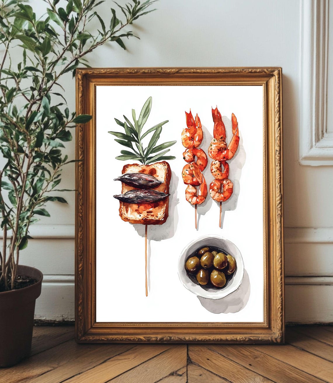 Mediterranean Tapas Watercolor Shrimp Skewers Kitchen Wall Art