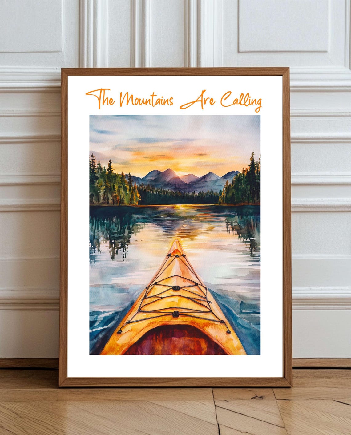 Sunset Kayak Adventure Wall Art Mountain Lake Watercolor Landscape
