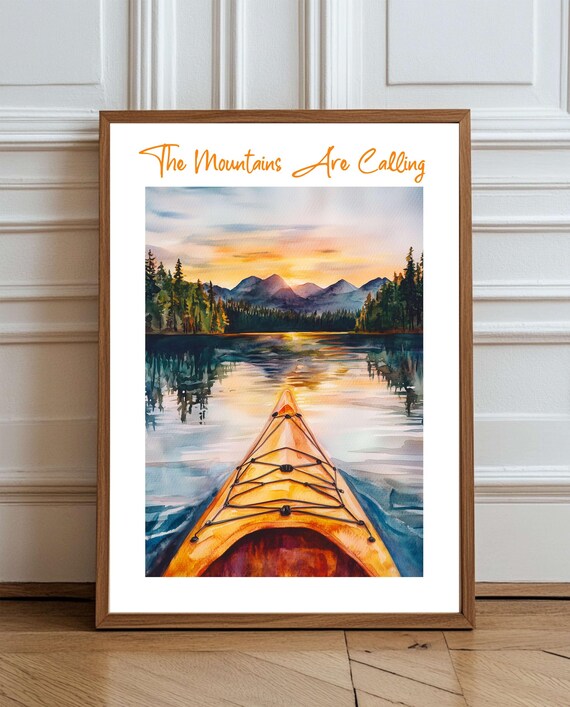 The Mountains Are Calling Watercolor Kayak Lake Sunset Art Poster