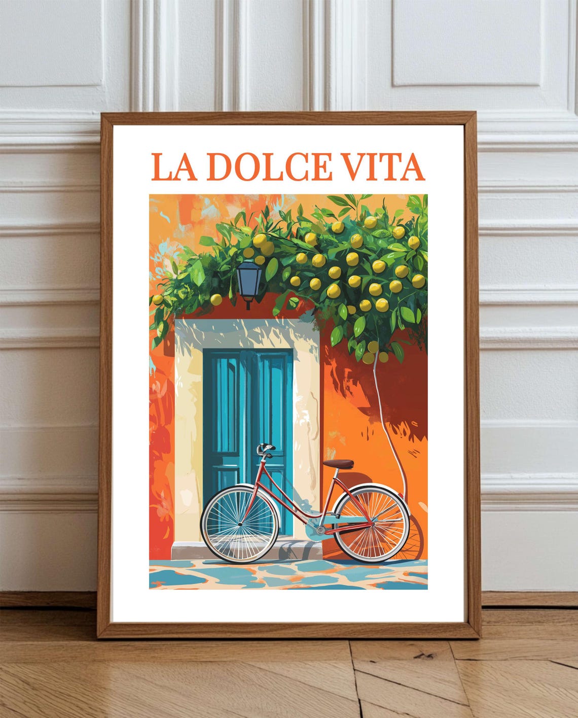 La Dolce Vita Italian Bicycle Lemon Tree Blue Door Vintage Art Poster