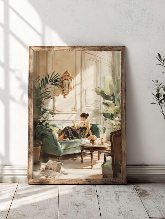 Parisian Woman Sipping Wine Elegant French Salon Watercolor Poster