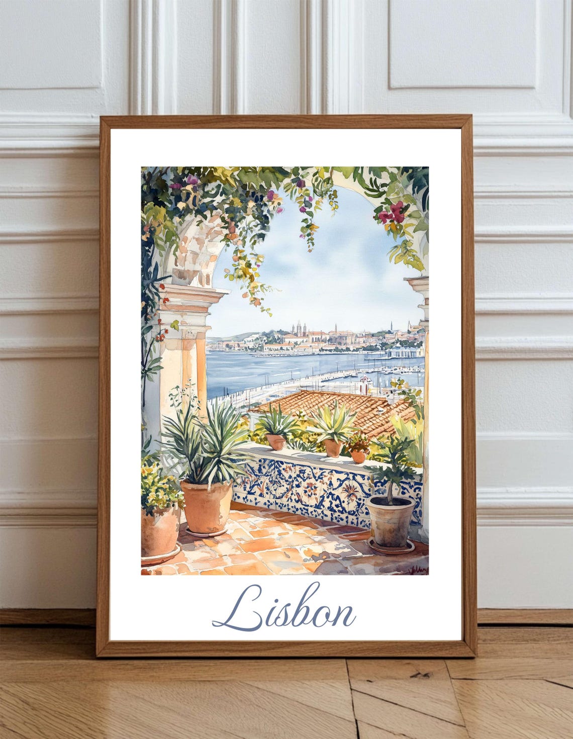Lisbon Portugal Harbor View Flowering Terrace Arch Watercolor Poster