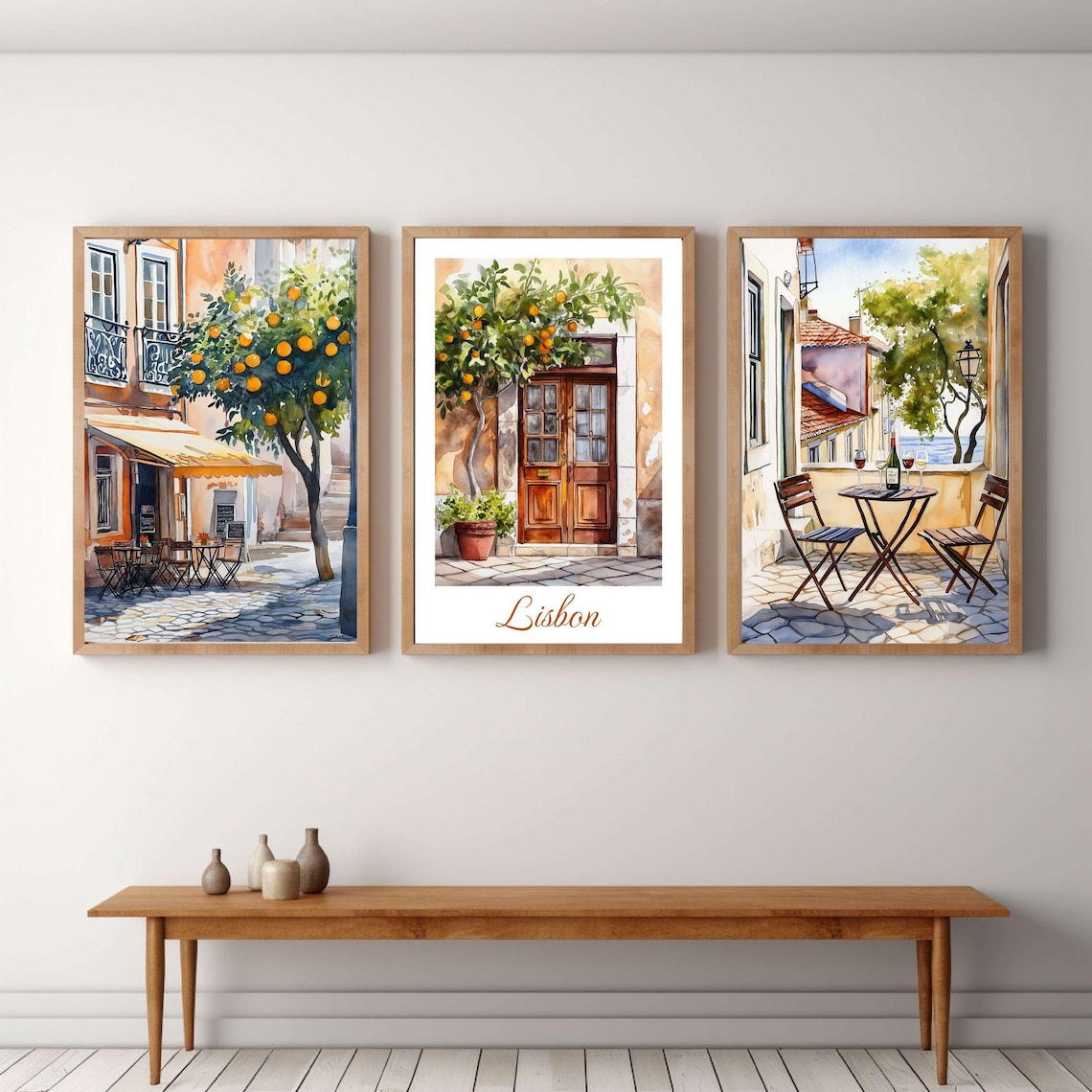 Set Of 3 Lisbon Watercolor Prints Orange Trees Cafe Sea View Poster
