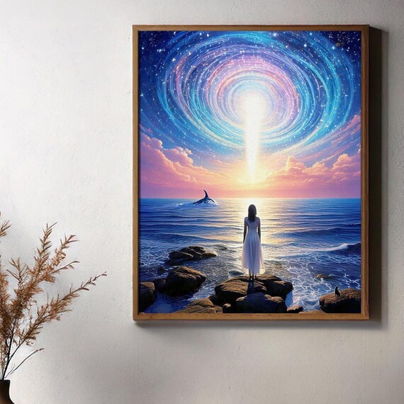 Woman Gazing at a Cosmic Spiral Vortex Over the Ocean Poster
