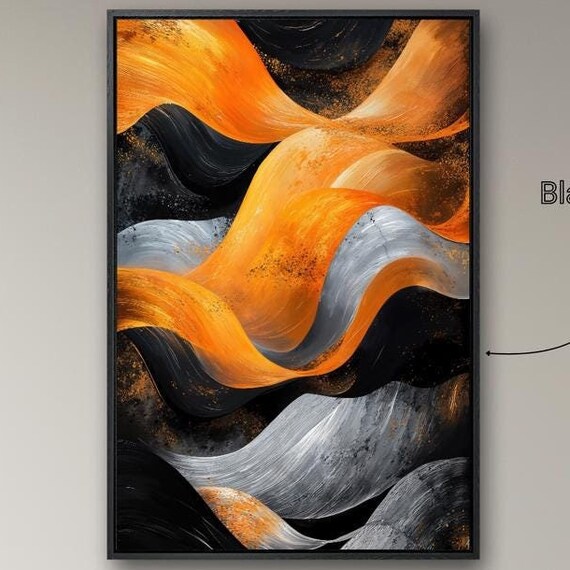 Vibrant Abstract Waves Framed Wall Art Contemporary Painting Print Modern Luxury Decor Orange Black Gray Artwork Ready To Hang Gift