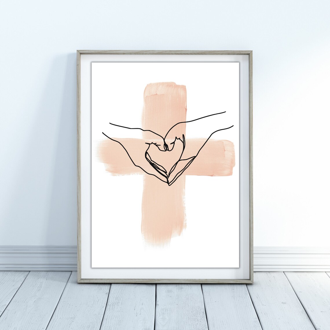 Heart Hands Line Art Poster Blush Pink Cross Brush Background