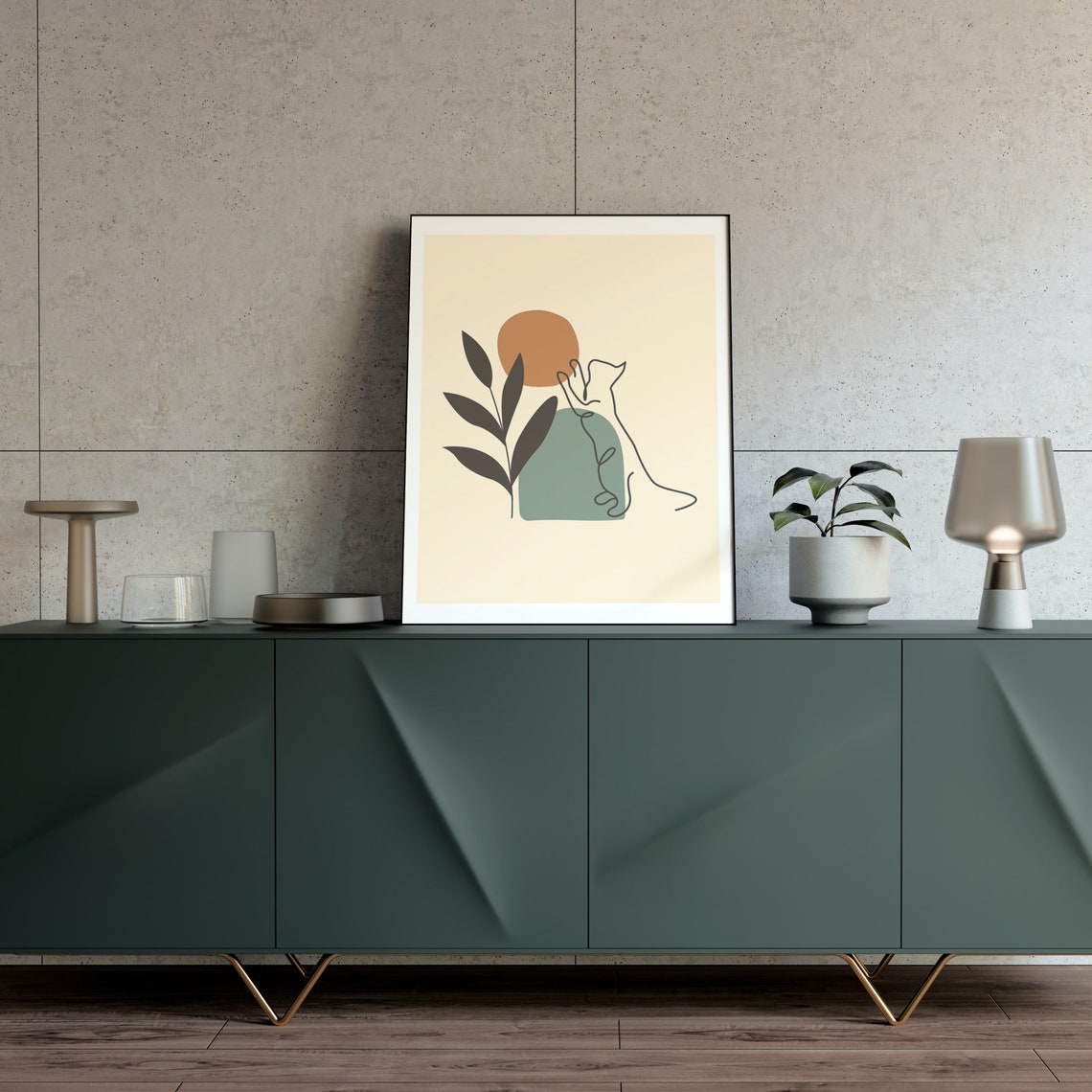 Boho Line Art Cat Under Terracotta Sun with Leaves Beige Poster - Image 3