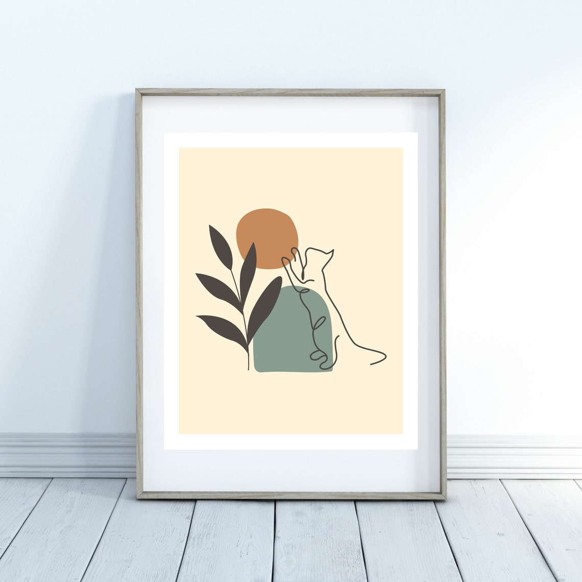 Boho Line Art Cat Under Terracotta Sun with Leaves Beige Poster