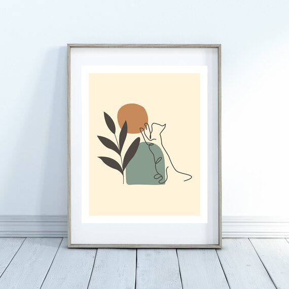 Boho Line Art Cat Under Terracotta Sun with Leaves Beige Poster