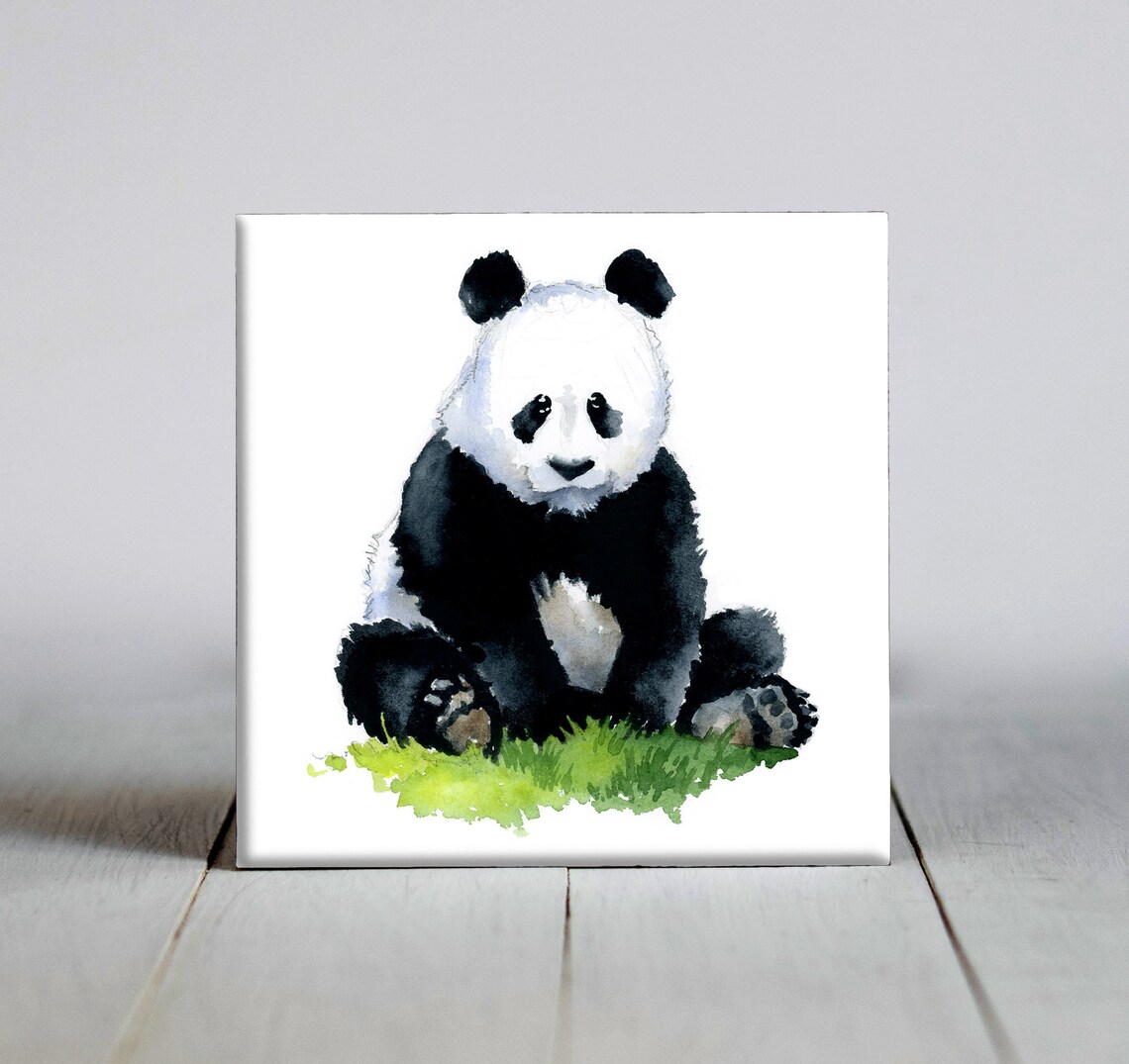 Cute Baby Giant Panda Sitting in Grass Watercolor Nursery Poster